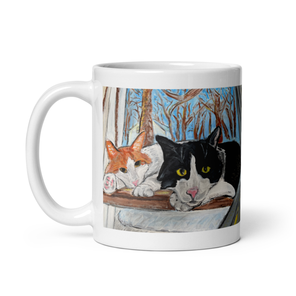 A hand-painted pet portrait printed on a white 11oz ceramic mug